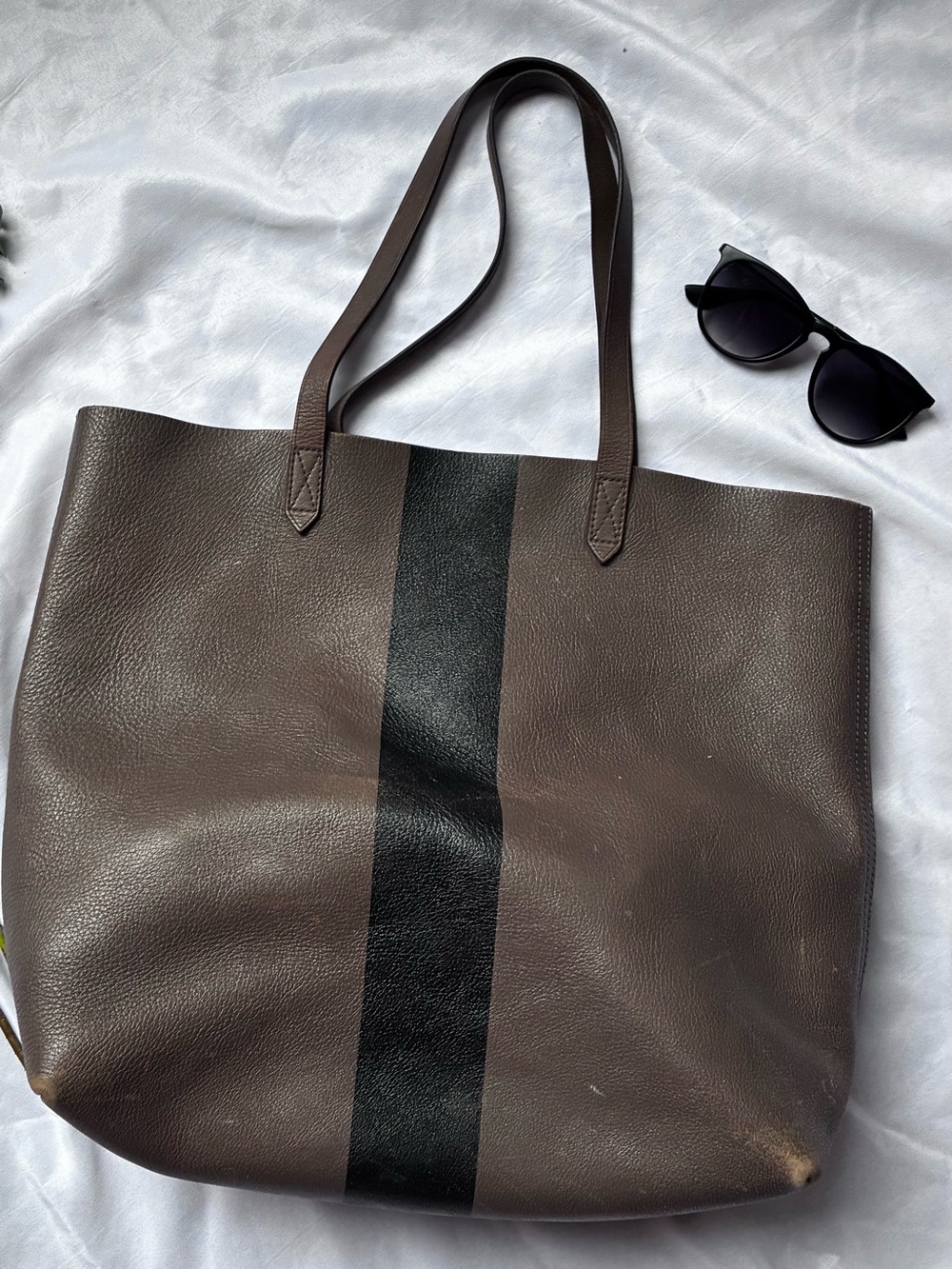 Madewell Brown Leather Transport Tote with Black Center Stripe